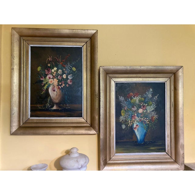 Modern F. Domínguez, Floral Still Lifes, 1945, Oil on Pressed Cardboard, Set of 2 For Sale - Image 3 of 14