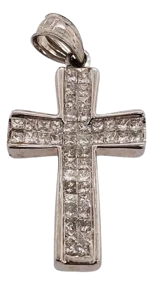 14 Karat White Gold Cross Pendant With Square Cushion Diamond 1.00 TDW