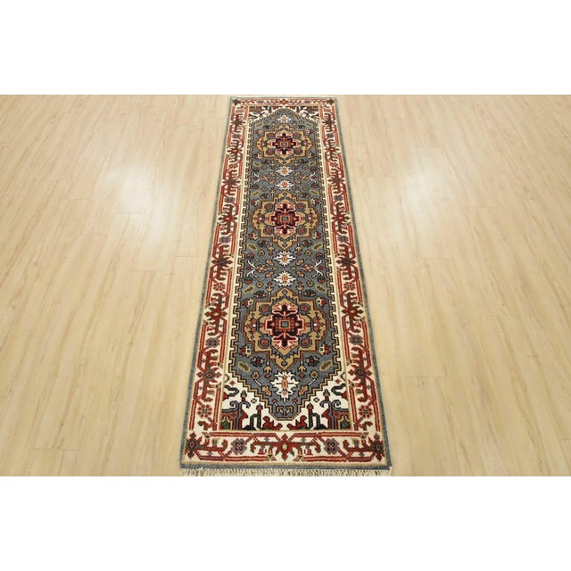 Tribal Heriz Runner 2’7” X 7’11” Blue Wool Tribal Hand-Knotted Oriental Rug For Sale - Image 3 of 12