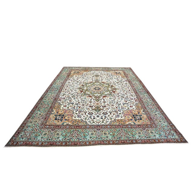 Antique Persian Tabriz Wool & Cotton 10X13 Ivory, Peach, Red & Teal Handmade Area Rug #1140364 For Sale - Image 4 of 9