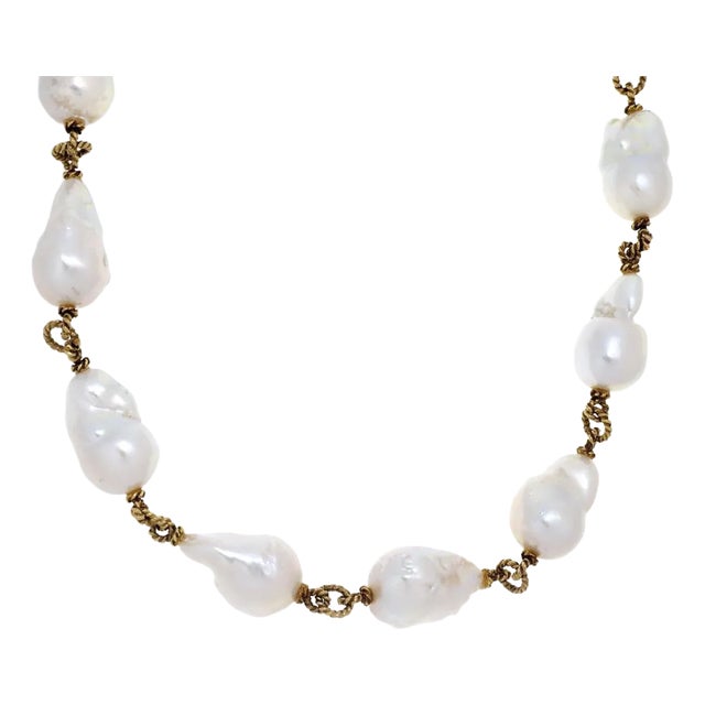 Large Baroque Pearls 14k Yellow Gold Toggle Cable Link Necklace For Sale