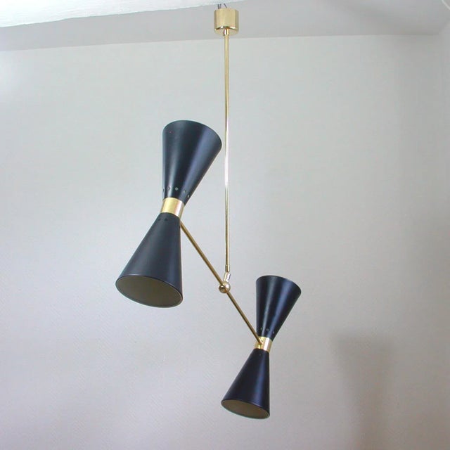 Mid-Century French Black Double Cone Diabolo Pendant Chandelier, 1950s For Sale - Image 6 of 15