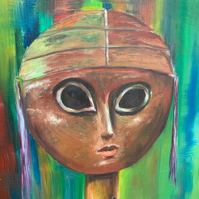 Dated from the 1970s. Acrylic on canvas. Intriguing still life of a figure head. Signed by F. Dedman. Abstract background....