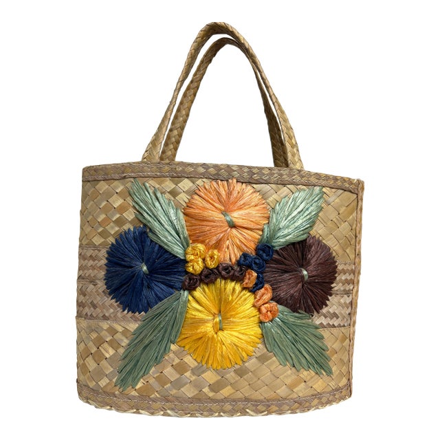 Late 19th Century Decorative Floral Woven Handbasket For Sale