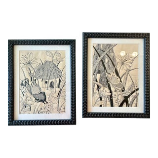 Original Pen and Ink Drawing Set of 2, Framed, Mushrooms and Butterflies For Sale