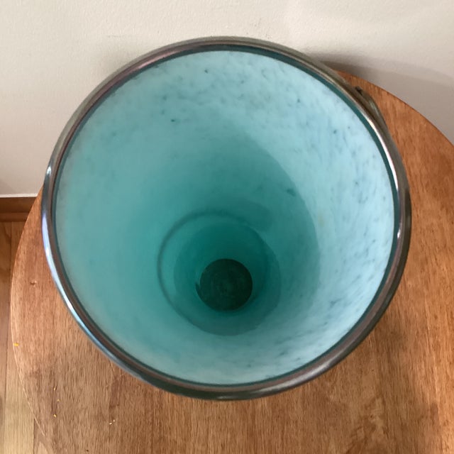 Vintage Deep Teal Murano Studio Art Glass Trumpet Vase With Spiraling Accent Signed by Artist For Sale In Chicago - Image 6 of 12