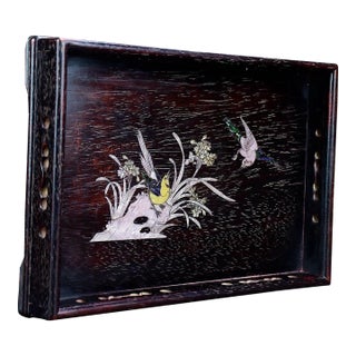 Vintage Zitan Wood Tray With Mother-of-Pearl Bird & Floral Inlay For Sale