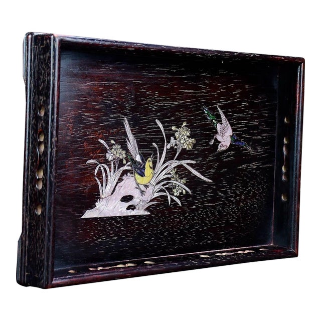 Vintage Zitan Wood Tray With Mother-of-Pearl Bird & Floral Inlay For Sale