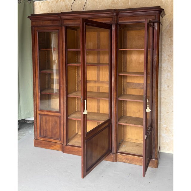 Wood French Late 19th Century Mahogany Three-Door Glass Bookcase With Original Glass & Keys For Sale - Image 7 of 16