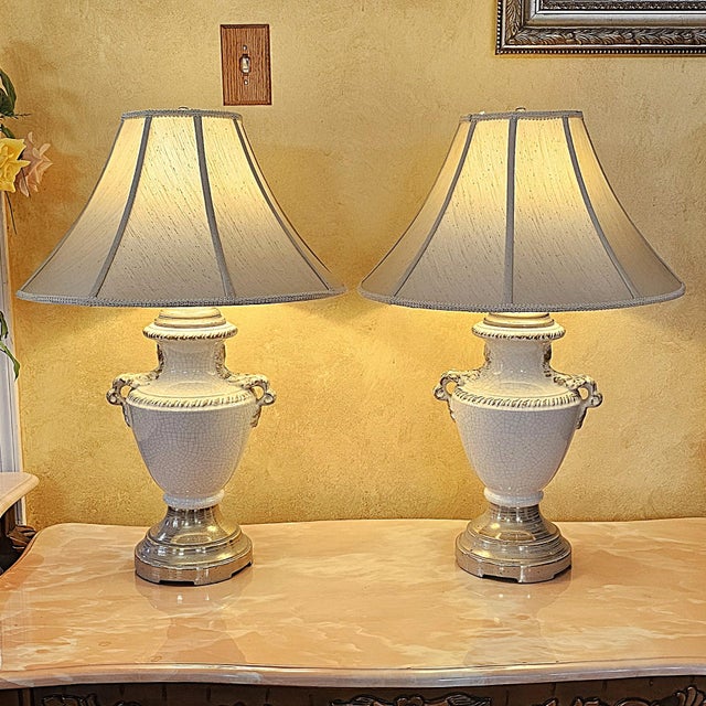 Vintage Pair of Neoclassical Trophy Urn Table Lamps in White Crackle Glaze – Made in Usa For Sale - Image 10 of 18