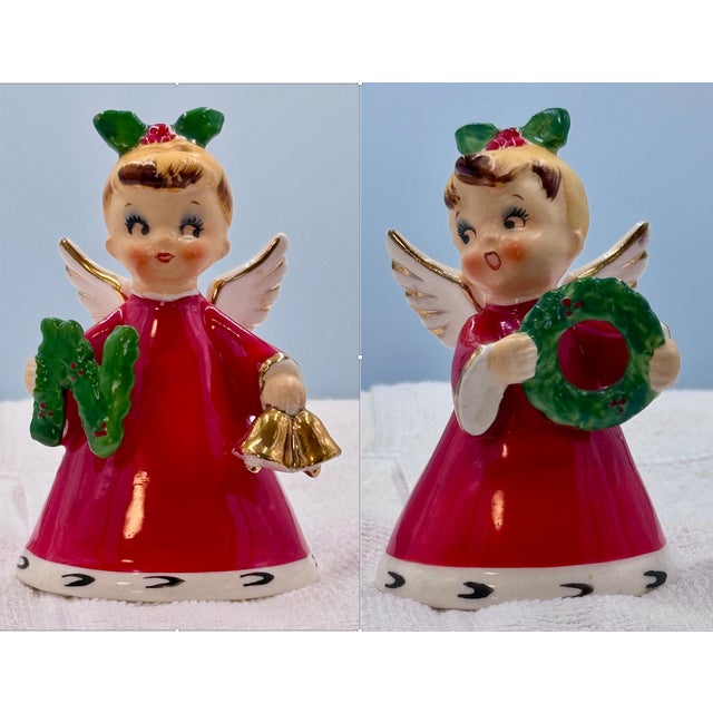 1956 Napco 3BX2381 Ceramic Angel " Noel" Red/ White/Green Christmas Iconic 4 Piece Bell Set Treasured by collectors of...