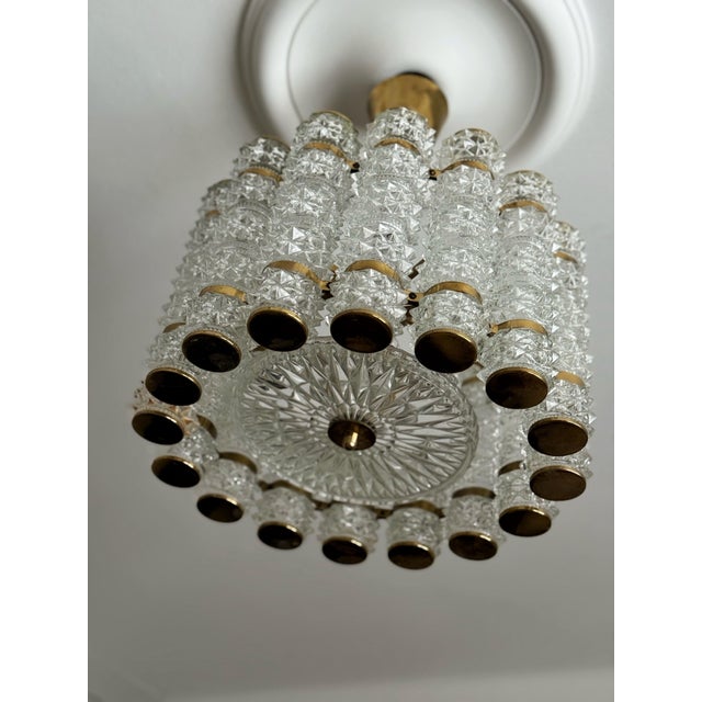 Crystal and Brass Cylinder Chandelier by Orrefors for Tyringe, Sweden, 1960s For Sale - Image 9 of 9