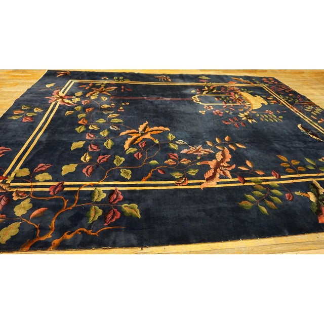 Textile 1920s Navy Blue Green Floral Antique Chinese Art Deco Carpet 11'9" X 14'9'' Rug For Sale - Image 7 of 10