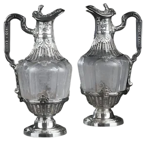 19th Century Silver & Crystal Engraved Ewer, Set of 2