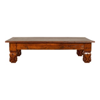 19th Century Teak Brown Wood Low Coffee Table with Scroll Carved Legs For Sale