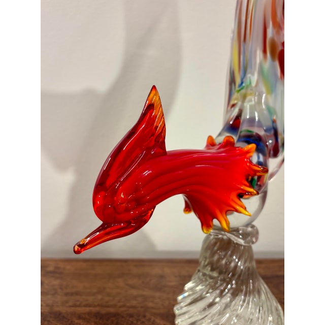 Striking 1960s Italian Murano hand-blown glass pheasant sculpture, expertly formed with an elongated, dramatically...