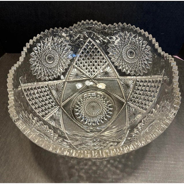 Transparent Antique Early American Brilliant Pressed Glass 14" Master Punch Serving Bowl Heavy 10lb With Manganese Glow For Sale - Image 8 of 12