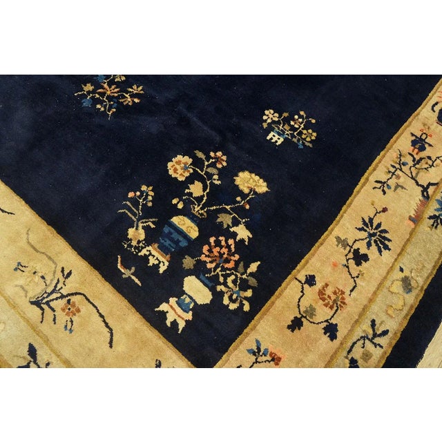 Navy Blue Exceptional Navy Blue Background and Light-Yellow Border With Floral Design Antique Chinese Rug For Sale - Image 8 of 9