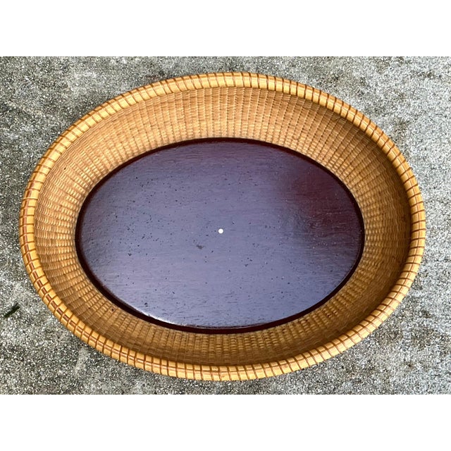 Vintage Rattan Woven Nantucket Basket With Wood Base For Sale - Image 10 of 12