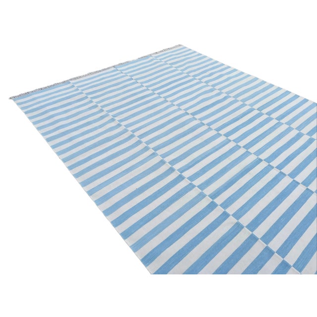 Textile Handmade Reversible Cotton Vegetable Dyed Blue and White Striped Rug-10'x14' For Sale - Image 7 of 11