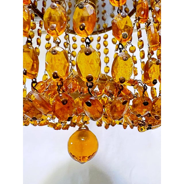 Hollywood Regency Vintage Amber Glass Beaded Basket Chandelier With Ornate Brass Frame For Sale - Image 3 of 9