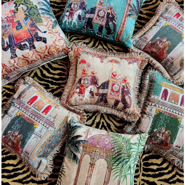 Indian Chinoiserie Velvet Pillow With Fringe - the Sultan Ride in Turquoise For Sale In New York - Image 6 of 6
