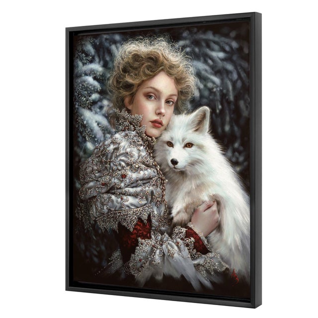 This artwork depicts a young woman in an intricately adorned garment, cradling a white fox against a backdrop of frosted...