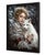 This artwork depicts a young woman in an intricately adorned garment, cradling a white fox against a backdrop of frosted...