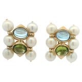 Vintage 14K Yellow Gold Aqua, Peridot & Freshwater Pearl Cluster Earrings For Sale