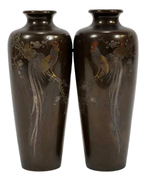 Japanese Bronze Vase with Metal Inlays by Mitsufune - Pair