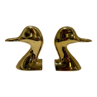 Vintage Solid Brass Duck Bookends Mid Century Modern Sculptural Bird Pair Virginia Metalcrafters For Sale