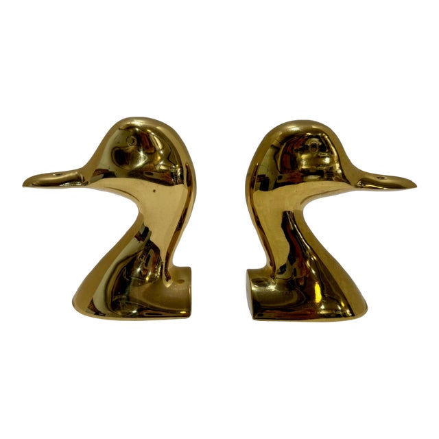 Vintage Solid Brass Duck Bookends Mid Century Modern Sculptural Bird Pair Virginia Metalcrafters For Sale