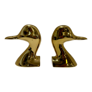 Vintage Solid Brass Duck Bookends Mid Century Modern Sculptural Bird Pair Virginia Metalcrafters