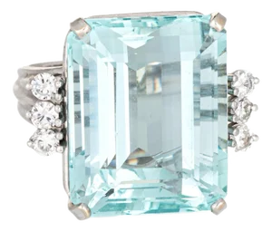 1980s 27ct Aquamarine Ring 14k White Gold Sz 6.5 Cocktail Emerald Cut Fine Jewelry