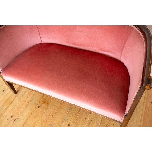 Antique Art Nouveau Edwardian Mahogany Barrel Back 2-Seater Settee Sofa, 1910s For Sale - Image 17 of 18