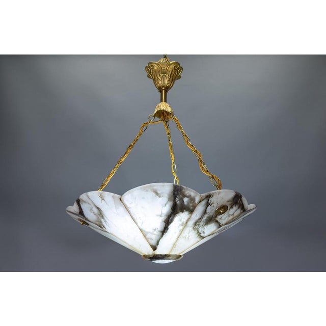 French Art Deco Black & White Veined Alabaster and Bronze Chandelier, 1920 For Sale - Image 15 of 18