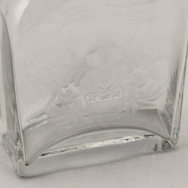 2000 - 2009 21st Century English Silver Mounted Glass Decanters with Heraldic Engraving, 2007, Set of 2 For Sale - Image 5 of 14