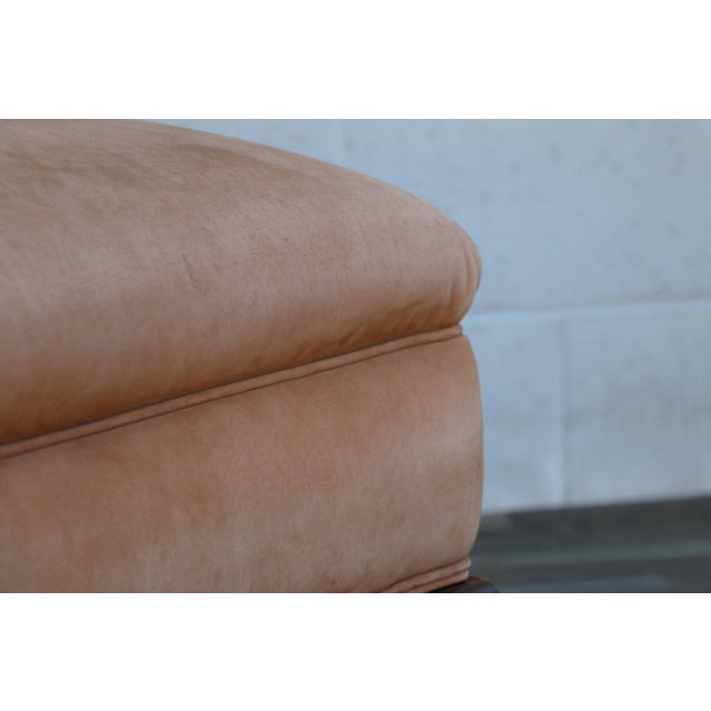 Oversized Vintage Ralph Lauren Tan Leather & Wood Ottoman With Bun Feet For Sale - Image 10 of 18