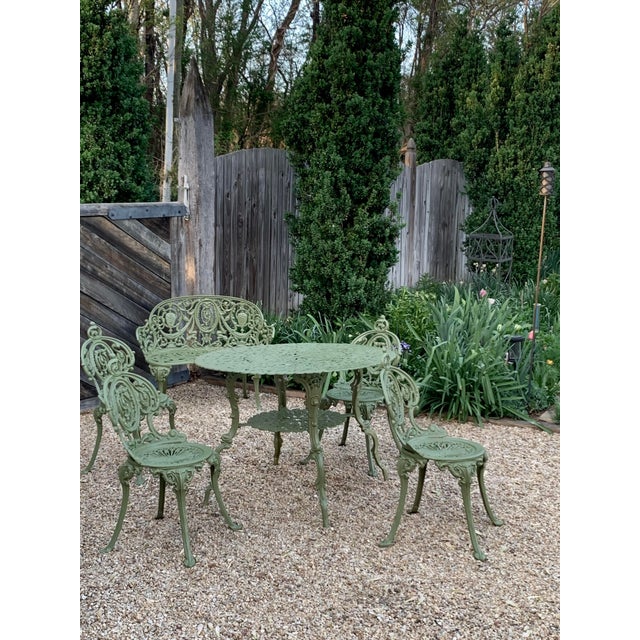 Set of Green Painted Metal Outdoor Garden Furniture: Antique Cameo Pattern, Six Pieces For Sale - Image 17 of 17