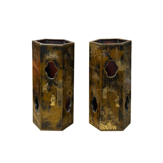 Chinese Pair Chinese Matte Gold Scenery Hexagonal Display Wood Brush Pots Vase For Sale - Image 3 of 18