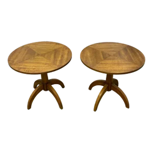 Vintage Drexel Benchcraft Collection Mid Century Style Matched Grain Walnut Side Tables - Pair