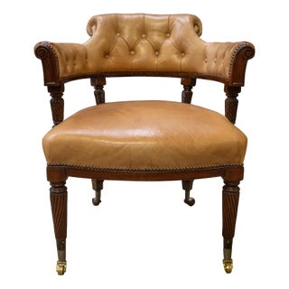 19th Century Cream Leather Buttonback Captains Chair with Brass Studs & Castors For Sale