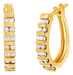 10K Yellow Gold 1.0 Cttw Round and Baguette-Cut Diamond Hoop Earrings (I-J Color, I2-I3 Clarity) - 2 Pieces