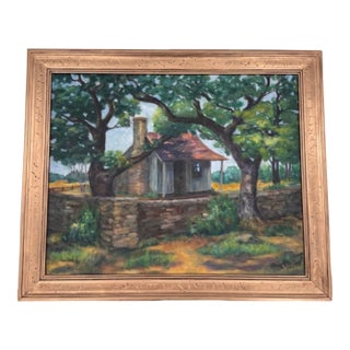 Vintage Original Texas Hill Country Cottage Landscape Oil Painting For Sale