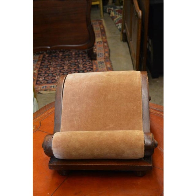 Antique Victorian Dark Wood & Tan Velvet Shapely Scrolled Gout Footstool For Sale - Image 9 of 11