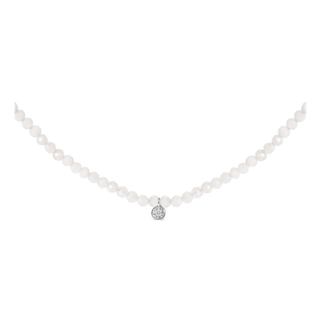 Sterling Silver Moonstone Bead Station Necklace with Diamond Accent For Sale