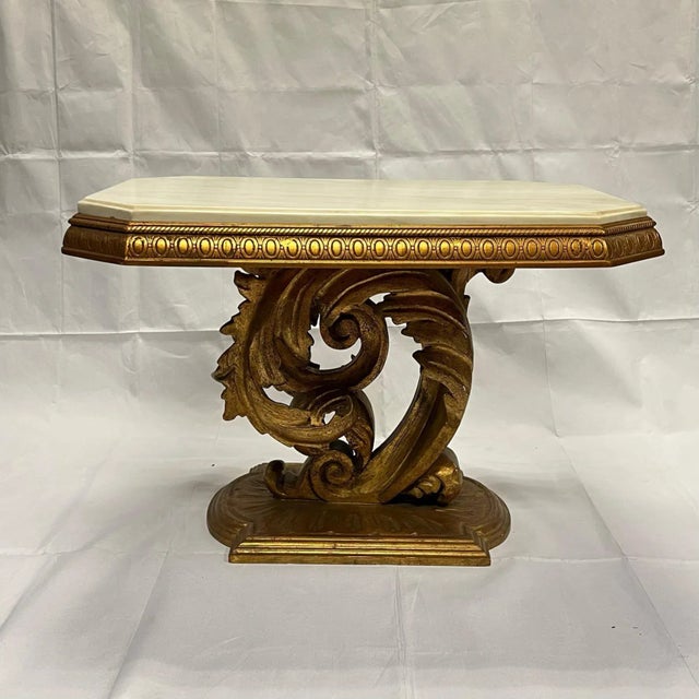 Roccoco Style Carved Giltwood Pedestal Side Tables with White Marble Tops - A Pair For Sale - Image 11 of 12