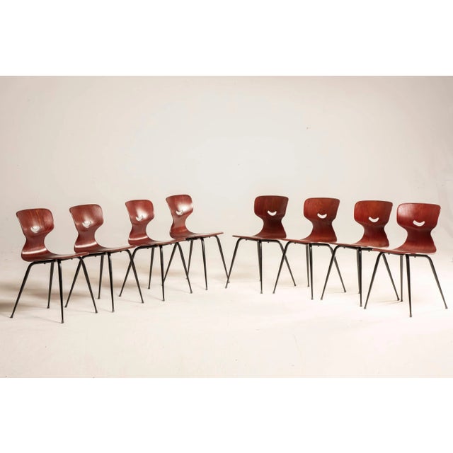 Set of 8 chairs from the 1960s in dark wood-colored molded plywood Danish. Very good conditions. Conservative restoration.