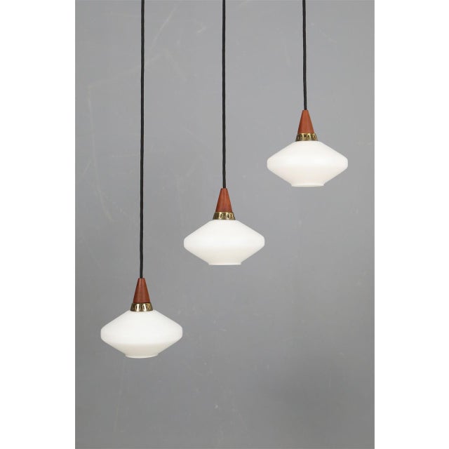 Mid-Century Modern Danish Glass Pendant Lamps with Teak Top, 1960s, Set of 3 For Sale - Image 11 of 11