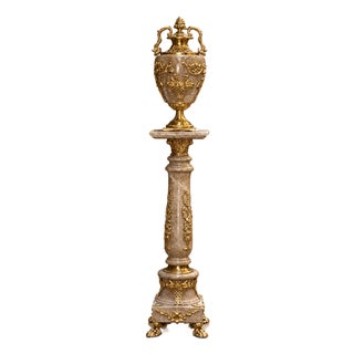 French Beige Porcelain Vase – Gold Leaf & Bronze Pedestal With Romantic Scenes For Sale